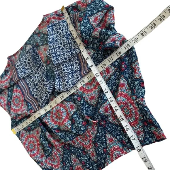 Blue & Red Women' S-M Floral Geometric Bohemian Design Sleeved V Neck Crop Top - Picture 8 of 10